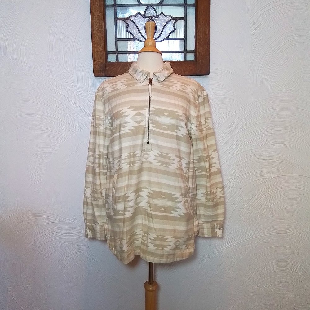 Flannel Aztec Shacket Neutral Southwestern Pullover Half Zip size M